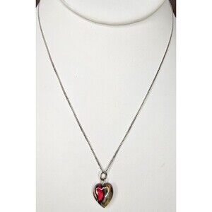 925 Silver Chain with Resin Red Multicolor Heart Pendant 16"L
